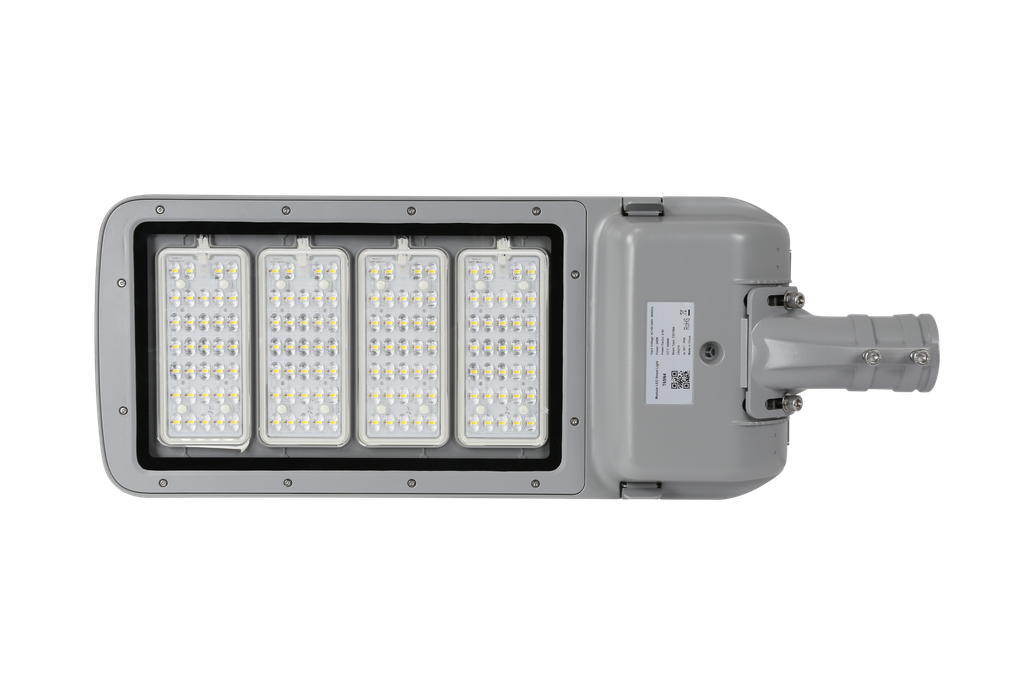 Lampara Street Light LED Modular T65-N4 con Cristal, Desconector Electrico y Base de 3 Pin, 200W, WW 3000K, 2886, 4x34pcs, Type III Medium, SANAN 5050, 100-277Vac, Dimmable de 0-10Vdc, Supresor de pico externo de 10KV, adaptador 40-50mm, IP68, Gris