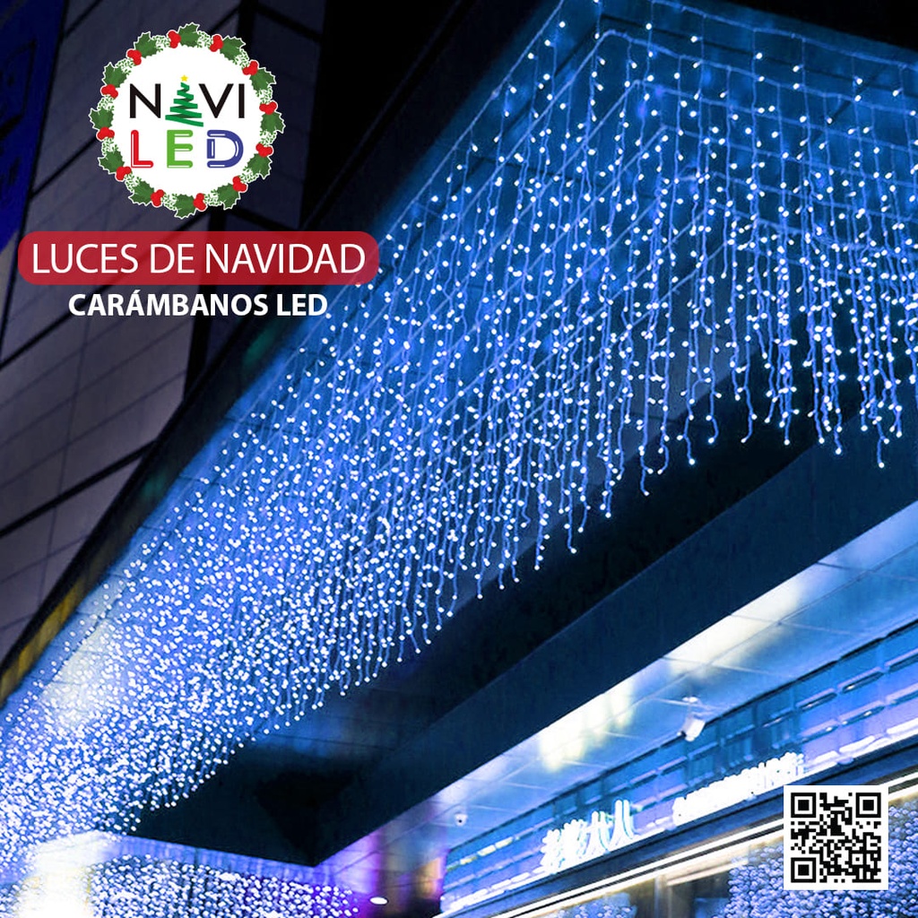 Lagrima / Carambano LED p/Exterior, 14W, CW 6000K, 110Vac, 240pcs de LED, 48 tiras, 5Mx0.7M, Con cable blanco, IP55