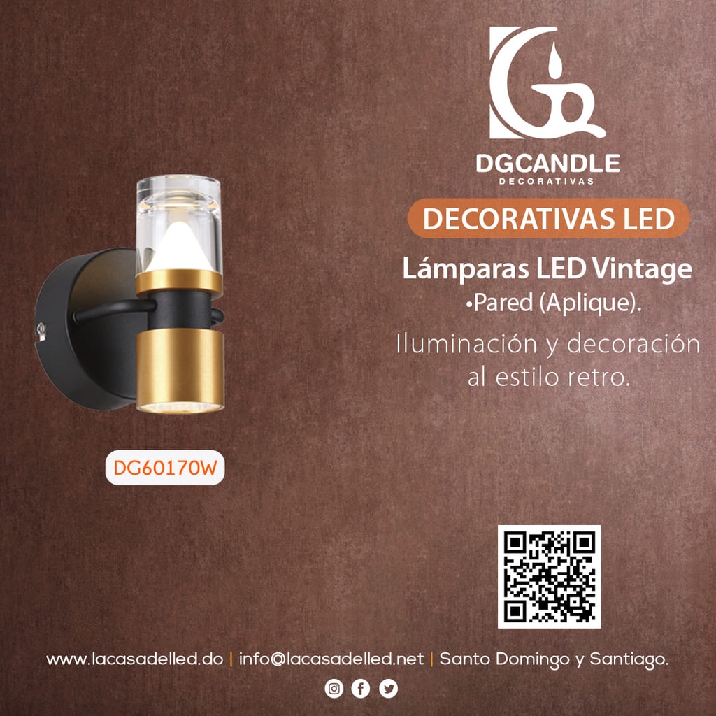 Lampara LED Decorativa de Pared (Aplique), DG60170W, 7W, NW 4000K, 85-265Vac, Dimensiones: 100x120x145mm, IP20, Negro con dorado