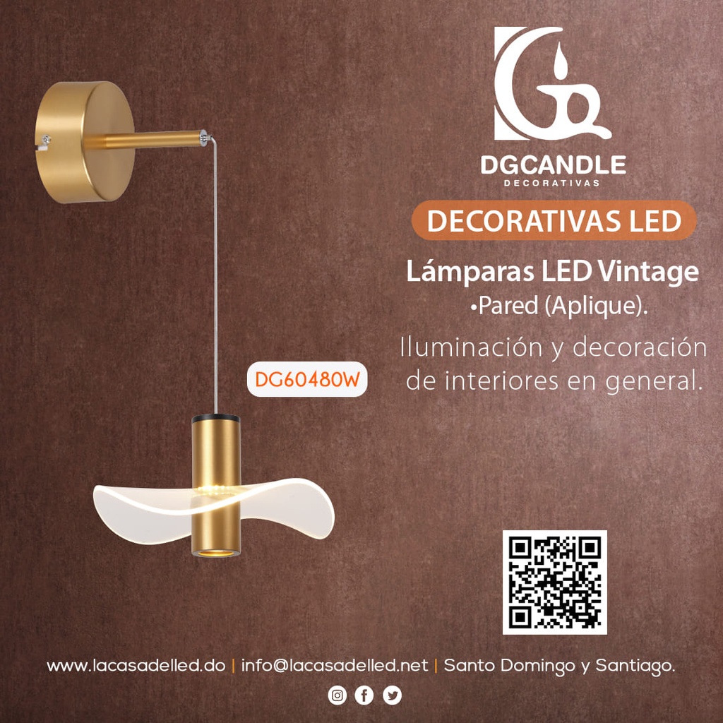 Lampara LED Decorativa de Pared (Aplique), DG60480W, 7W, NW 4000K, 85-265Vac, Dimensiones: 235x200x200-600mm, IP20, Dorado
