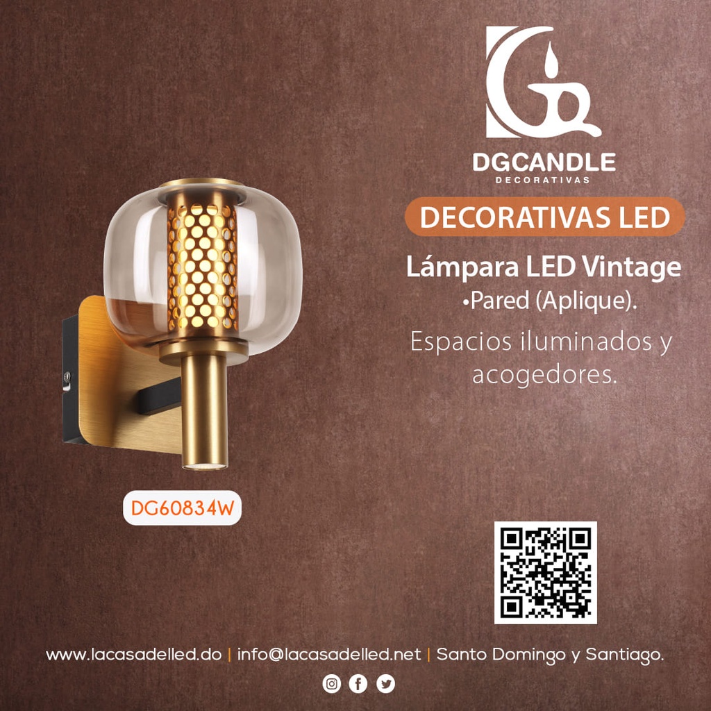 Lampara LED Decorativa de Pared (Aplique), DG60834W, 8W, NW 4000K, 85-265Vac, Dimensiones: 140x190x195mm, IP20, Dorado con negro