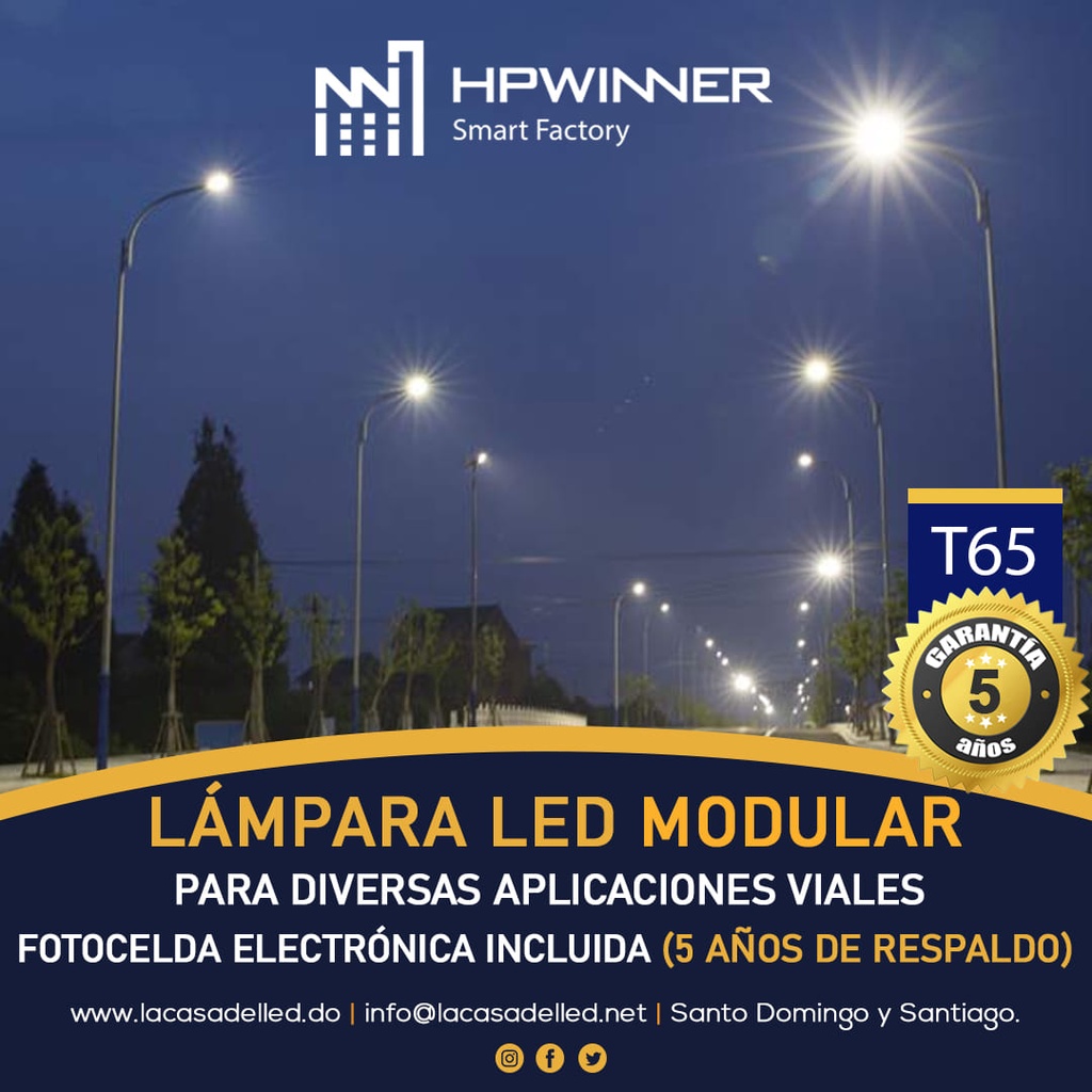 Lampara Street Light LED Modular T65-N2 con Cristal y Base de 3 Pin, 100W, 5700K, 2883, 2x34pcs, Type III Medium, SANAN 5050, 100-277Vac, Dimmable de 0-10Vdc, Supresor de pico externo de 20KA, adaptador 40-50mm, IP68, Gris