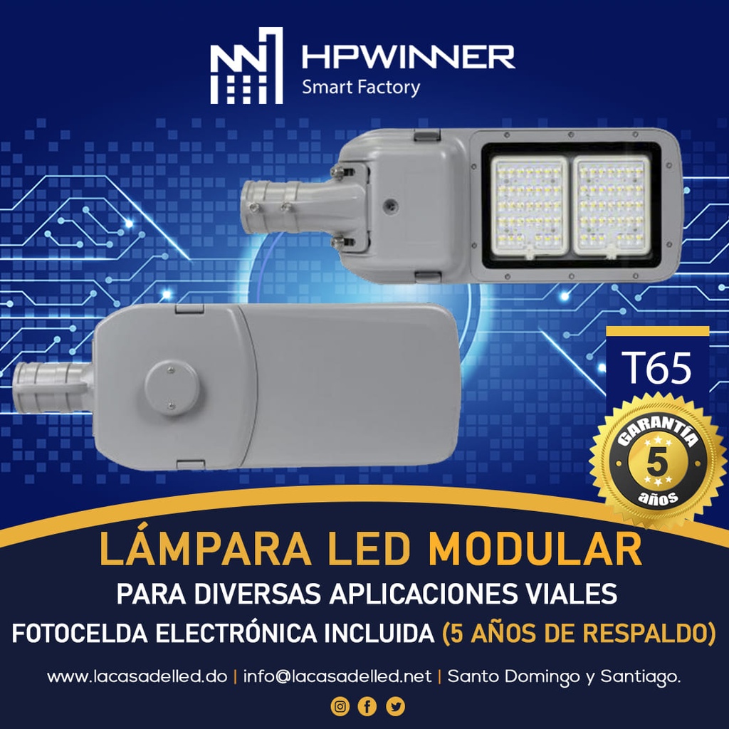 Lampara Street Light LED Modular T65-N2 con Cristal, Desconector Electrico y Base de 3 Pin, 90W, 5000K, 2883, 2x18pcs, Type III Medium, SANAN 5050, 100-277Vac, Dimmable de 0-10Vdc, Supresor de pico externo de 10KV, adaptador 40-50mm, IP68, Gris, con Certificación UL
