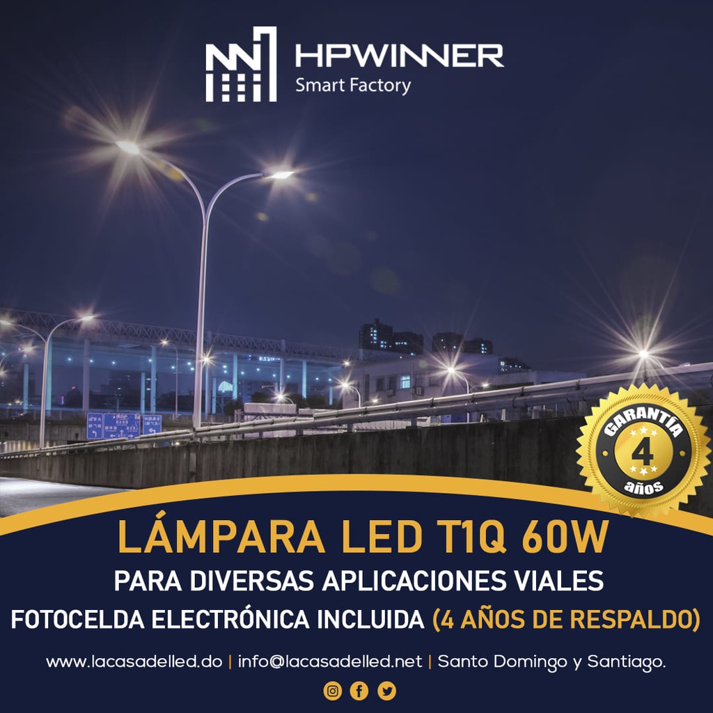 Lampara Street Light LED Modular T1Q-1 con Fotocelda Integrada, 60W, 5000K, 2219, Type II Medium, SANAN 5050, 100,000 horas de vida util, 100-277Vac, IP68, Gris