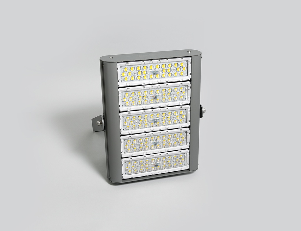 Lámpara Flood Light LED Modular FL2C-5, 300W, 5 Módulos, WW 3000K, M33A-VCA (1x63pcs), 1325, 25 Grados, SANAN 3030, 72,000 horas de vida útil, 100-277Vac, IP68, Gris