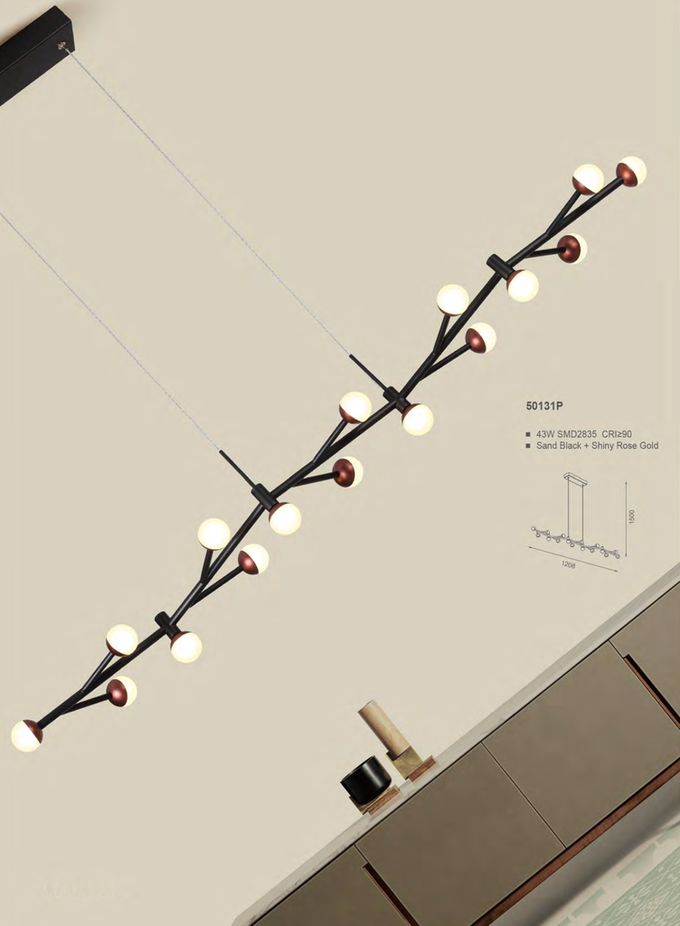 Lámpara LED Decorativa Colgante, DG50131C, 43W, NW 4000K, 85-265Vac, Dimensiones: 1208x406x1500mm, IP20, Negro con Rose Gold