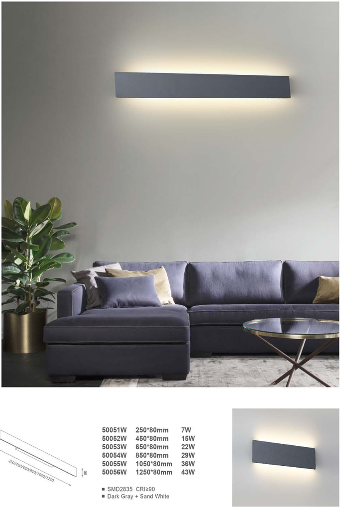 Lámpara LED Decorativa de Pared (Aplique), DG50052W, 15W, NW 4000K, 85-265Vac, Dimensiones: 450x50x80mm, IP20, Gris Oscuro con Blanco
