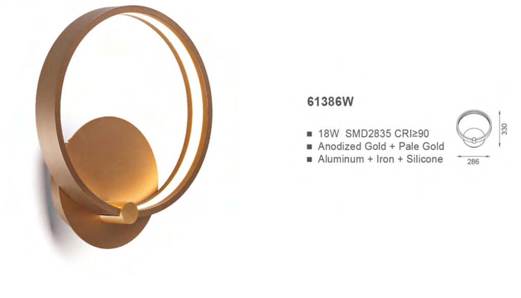 Lámpara LED Decorativa de Pared (Aplique), DG61386W, 18W, NW 4000K, 85-265Vac, Dimensiones: 286x86x330mm, IP20, Dorado con Pale Gold