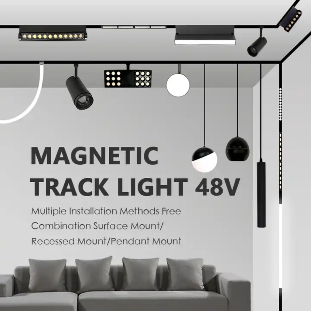 Lámpara Lineal Magnética LED tipo Flood Light p/Riel de 20mm de ancho, 12W, 8.77&quot;(223mm), NW 4000K, 48Vdc, Instalación: Empotrar o Superficie, 120 Grados, Negra