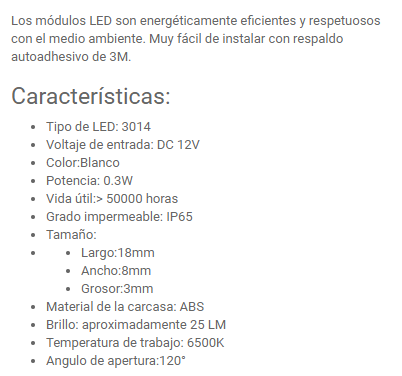 Módulo LED Mini, SMD3014, 3LED, 0.36W, CW 6000K, 12Vdc, L18*8*H3mm, IP65, 120 Grados