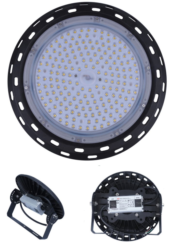 Lámpara High Bay SMD LED, Tipo UFO J con Brazo, 200W, CW 6000K, 100-277Vac, Supresor de Pico 4KV, IP65, 90 Grados
