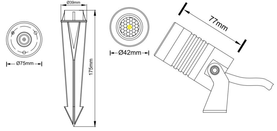 Reflector COB LED, DG-0500, 5W, WW 3000K, 100-265Vac, IP67, 38 Grados, Diametro: 42mm, Gris Oscuro, Material: Aluminio