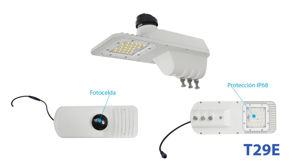 Lampara Street Light LED Modular T29E-1 con Fotocelda de 7 pin, 40W, 5000K, Type III, Lumileds 5050, 24pcs, 100-277Vac, Supresor de Pico 15KV, IP68, Blanca, 140-165Lm/W