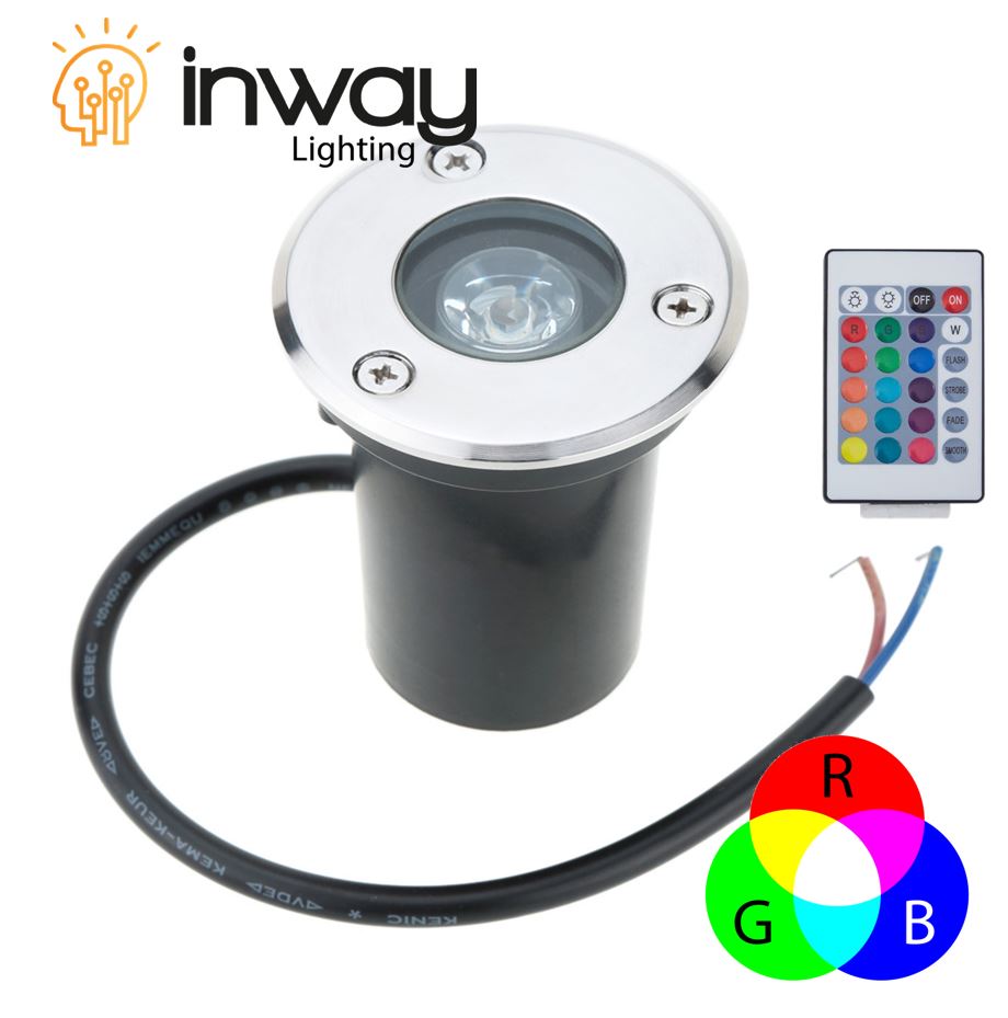 Lámpara p/Piso Empotrable FP&gt;0.5, 1W, RGB, 85-265Vac, IP65, 60 Grados, con Control Remoto