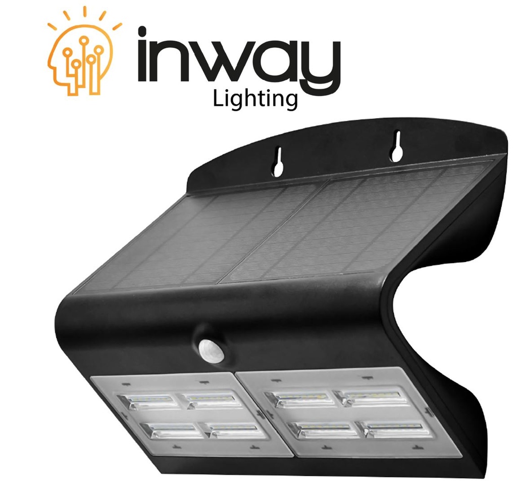 Lámpara Wall LED Solar de 6.8W con Panel Solar Integrado de 4.4Wp y Sensor de Movimiento, CW 6000K+WW 3000K, 120 Grados, Con Batería de Litio de 3.7V, 4000mAh, IP65, Negro, 118Lm/W