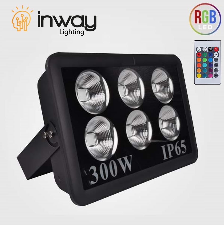 Lámpara Flood Light COB LED, 300W, 6x50W, RGB, 100-260Vac, IP65, 60 Grados, Con Memoria Interna, Con Control, Negro