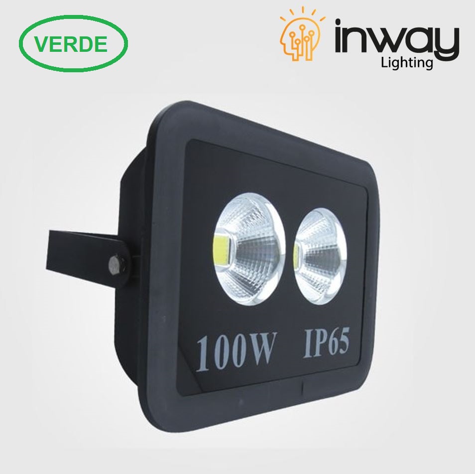 Lámpara Flood Light COB LED, 100W, 2x50W, Verde, 100-260Vac, IP65, 60 Grados, Negro