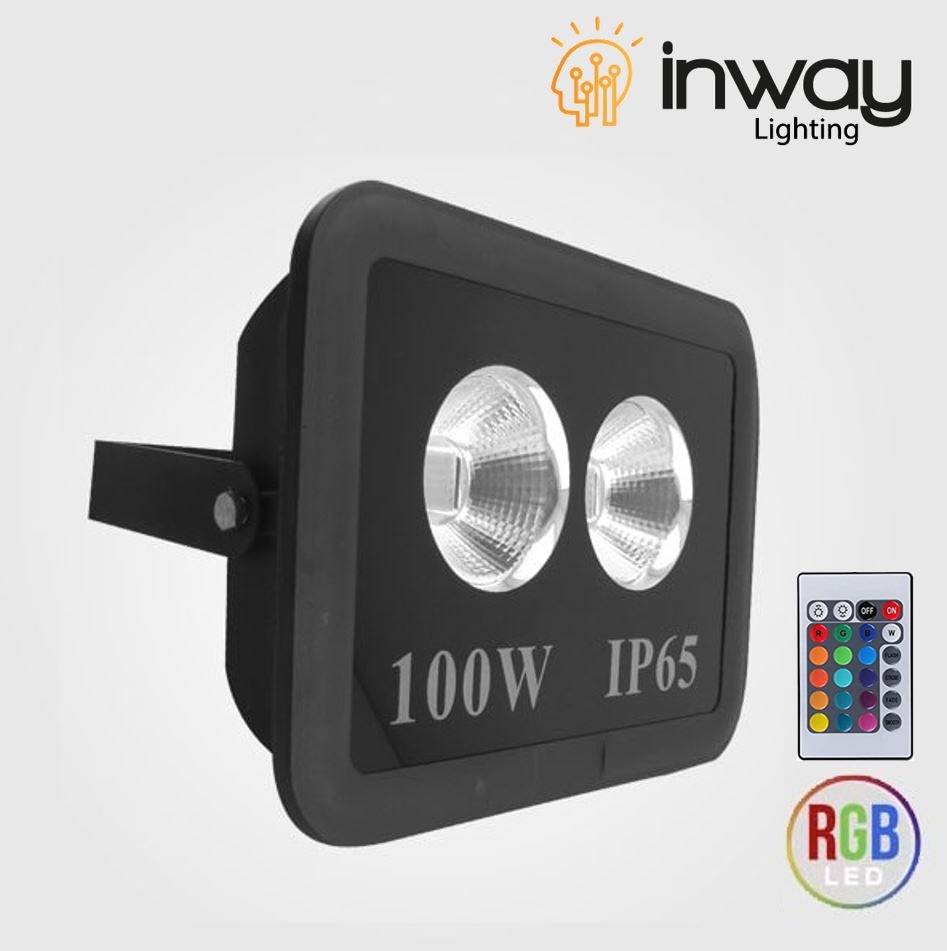 Lámpara Flood Light COB LED, 100W, 2x50W, RGB, 100-260Vac, IP65, 60 Grados, con memoria integrada, Con Control, Negro