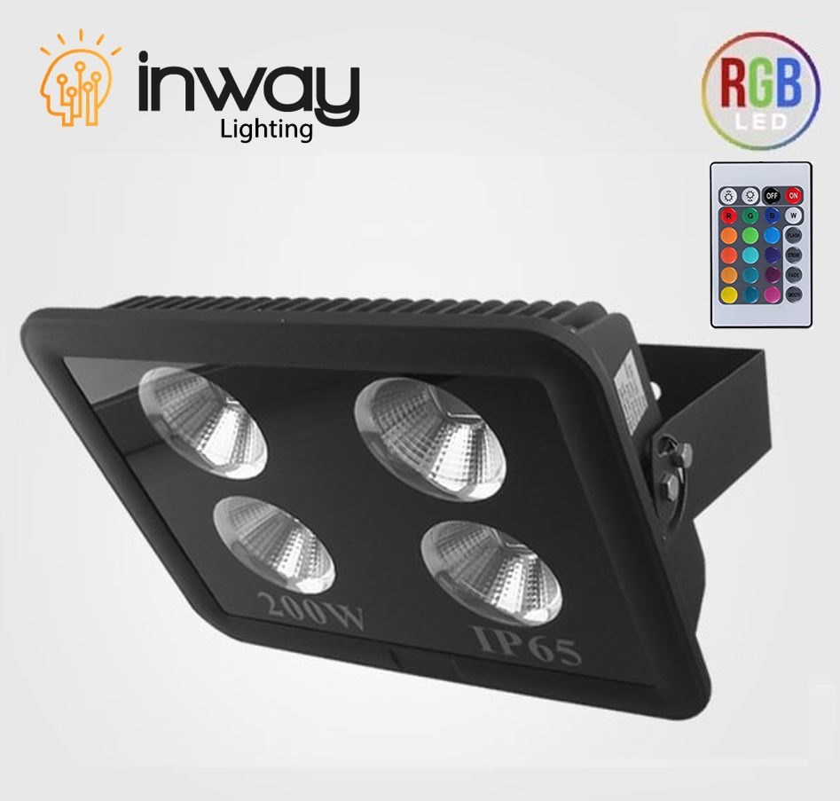 Lámpara Flood Light COB LED, 200W, 4x50W, RGB, 100-260Vac, IP65, 60 Grados, Con Memoria Interna, Con Control, Negro