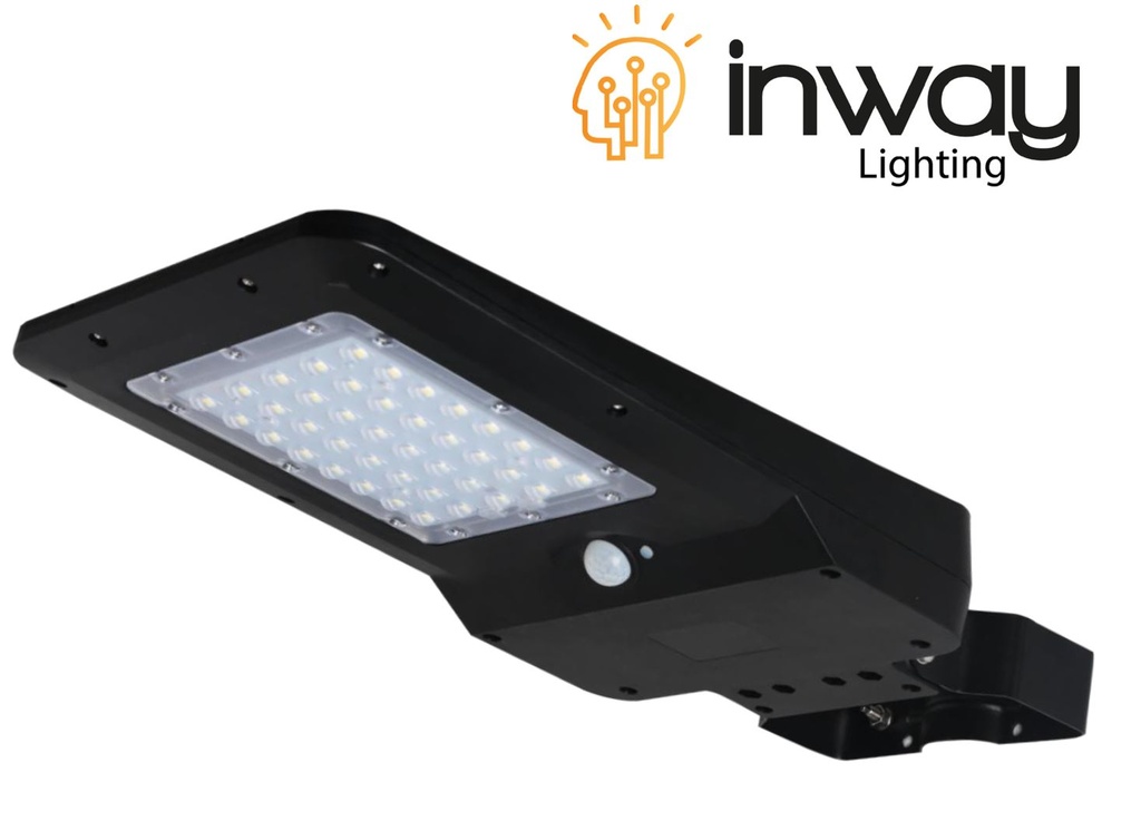 Lámpara Solar Street Light LED de 15W con Panel Integrado de 9.5Wp y Sensor de Movimiento, CW 6000K, 140x70 Grados, Con Batería de Litio de 186.50Wh, 7.4V, 5400mAh, IP65, Negra, 106Lm/W