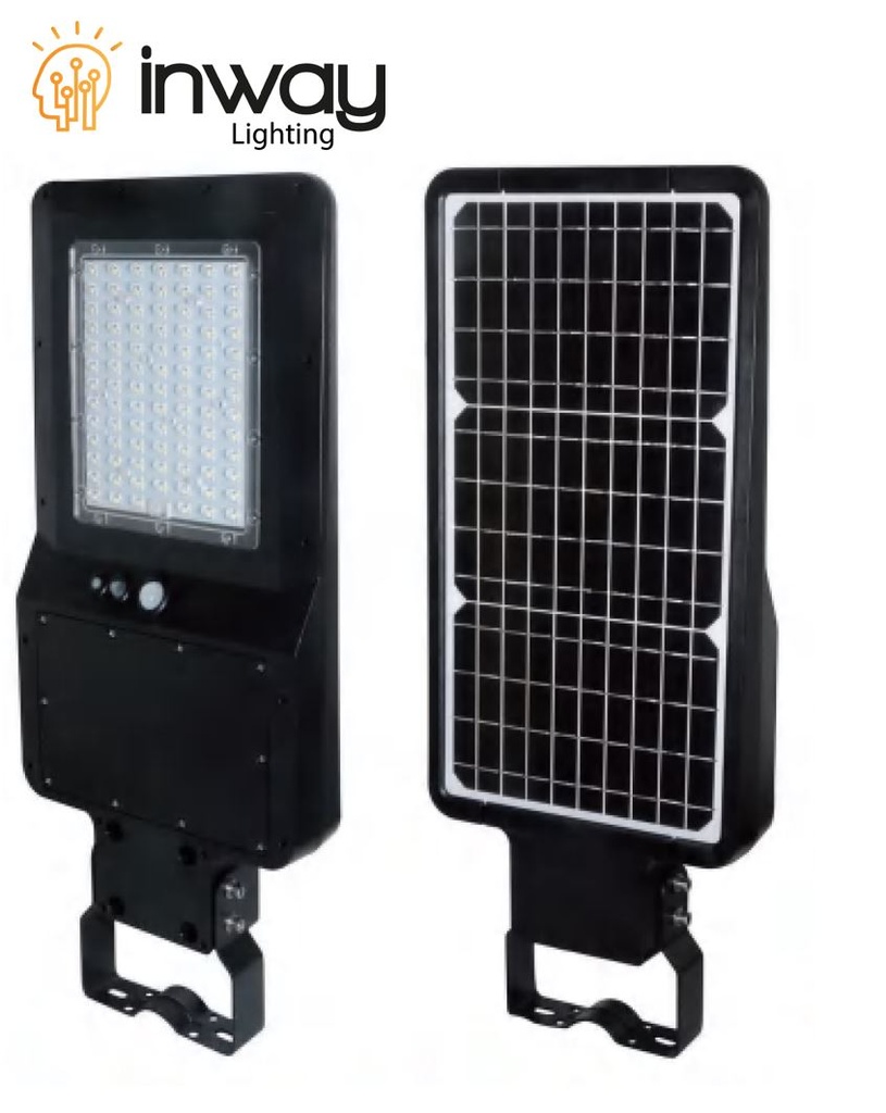 Lámpara Solar Street Light LED de 40W con Panel Integrado de 21W, 13.5V y Sensor de Movimiento, SMD2835 x 90pcs, CW 6000K, 140x70 Grados, Con Batería de Litio 327.00Wh, 9.6V, 12000mAh, IP65, Negra, 120Lm/W
