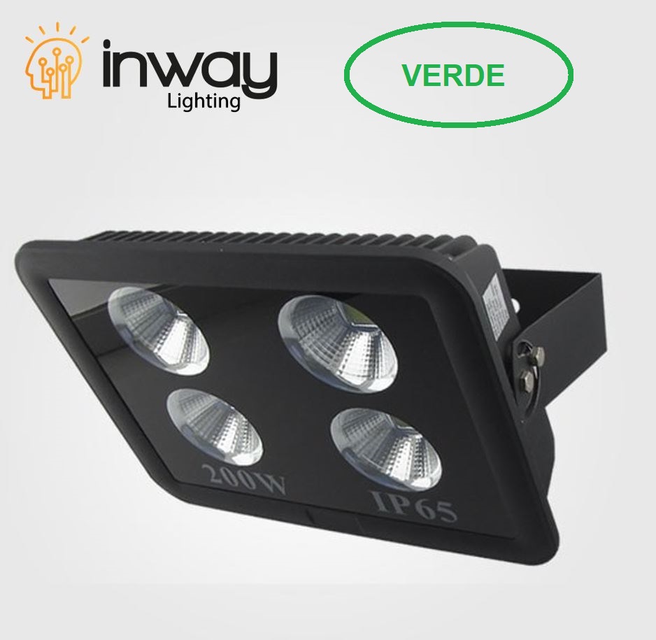 Lámpara Flood Light COB LED, 200W, 4x50W, Verde, 85-265Vac, IP65, 60 Grados