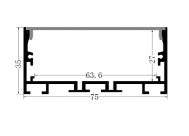 Perfil de Aluminio p/Cinta LED con PCB de 63mm, DG-S7535, Medidas: 75x35x2400mm, p/Superficie, incluye: difusor opal con nivel de transparencia de un 65%, 2 tapas terminales, 4 clips y 4 tornillos, Plateado