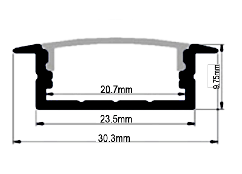 Perfil de Aluminio p/Cinta LED con PCB de 8-20mm, DG-E2310, Medidas: 23.5x9.75x2500mm, p/Empotrar, incluye: difusor opal con nivel de transparencia de un 65%, 2 tapas terminales y 4 clips, Plateado