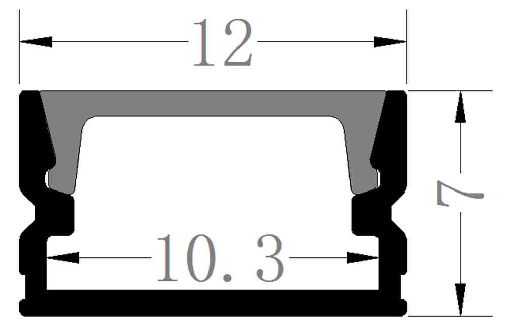 Perfil de Aluminio p/Cinta LED con PCB de 5-10mm, DG-S1207, Medidas: 12x7x2500mm, p/Superficie, incluye: difusor opal con nivel de transparencia de un 65%, 2 tapas terminales y 4 clips, Plateado