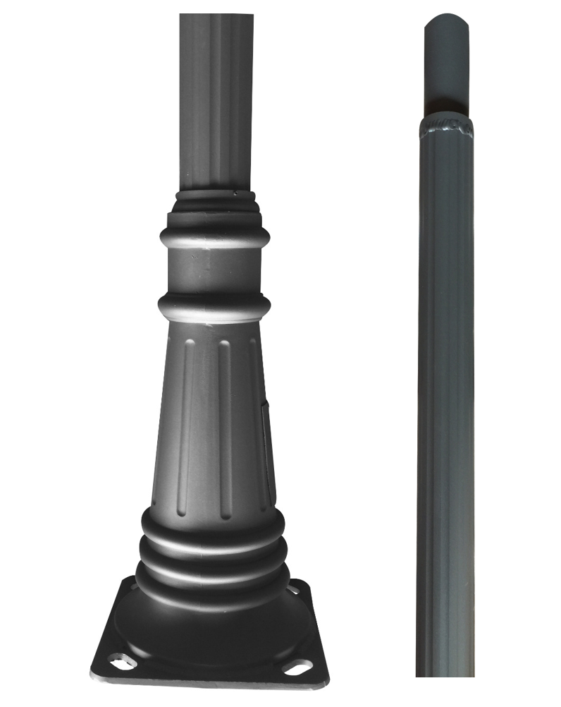 Poste tipo inglés Redondo color gris oscuro p/Luminaria, Largo: 4Mts, con medida en la parte superior de 73mm, Incluye: base de sujeción y tornillería