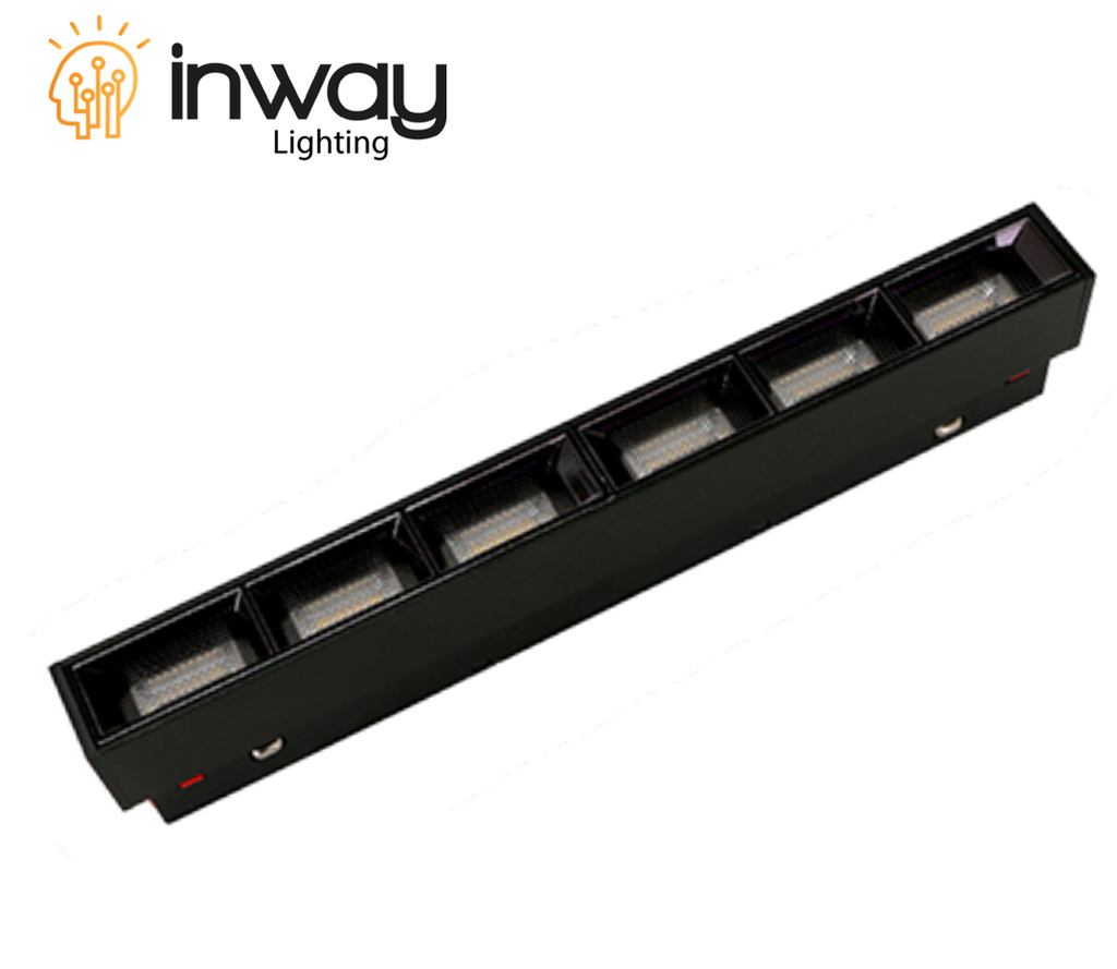 Lámpara Lineal Magnética LED p/Riel de 20mm de ancho con Rejillas Rectangular, 12W, 8.77&quot;(223mm), NW 4000K, 48Vdc, Instalación: Empotrar o Superficie, 24 Grados, Negra