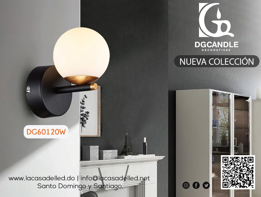 Lampara LED Decorativa de Pared (Aplique), DG60120W, 8W, NW 4000K, 85-265Vac, Dimensiones: 175x130x200mm, IP20, Negro con dorado