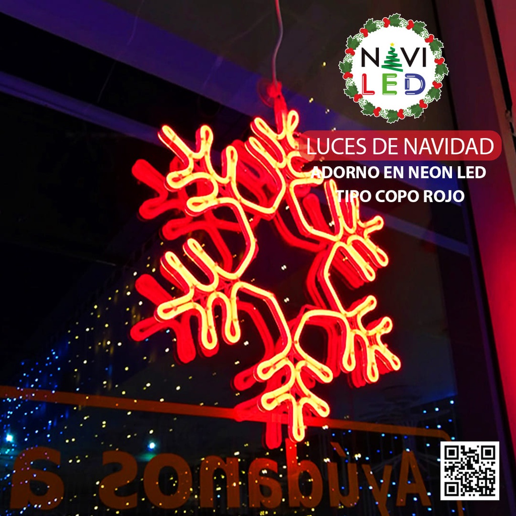 Adorno Navideño en Neon LED p/exterior tipo Copo de Nieve, 78W, Rojo, 110Vac, Dimensiones: 55x48cm