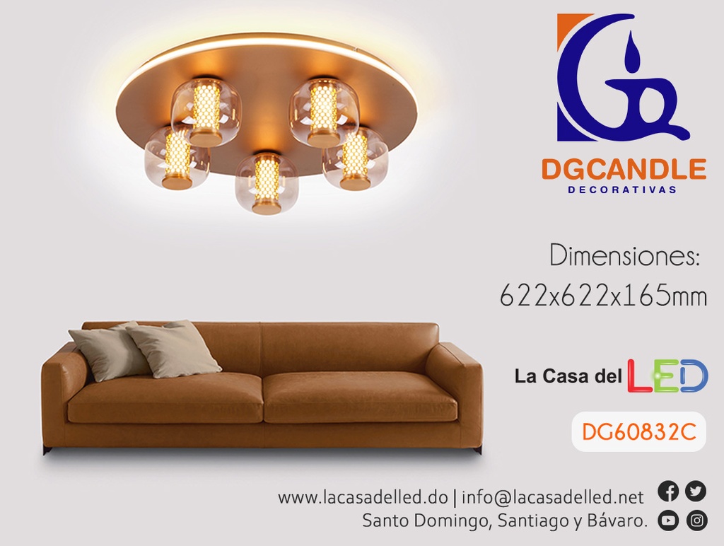 Lampara LED Decorativa de Superficie, DG60832C, 48W, NW 4000K, 85-265Vac, Dimensiones: 622x622x165mm, IP20, Dorado con blanco