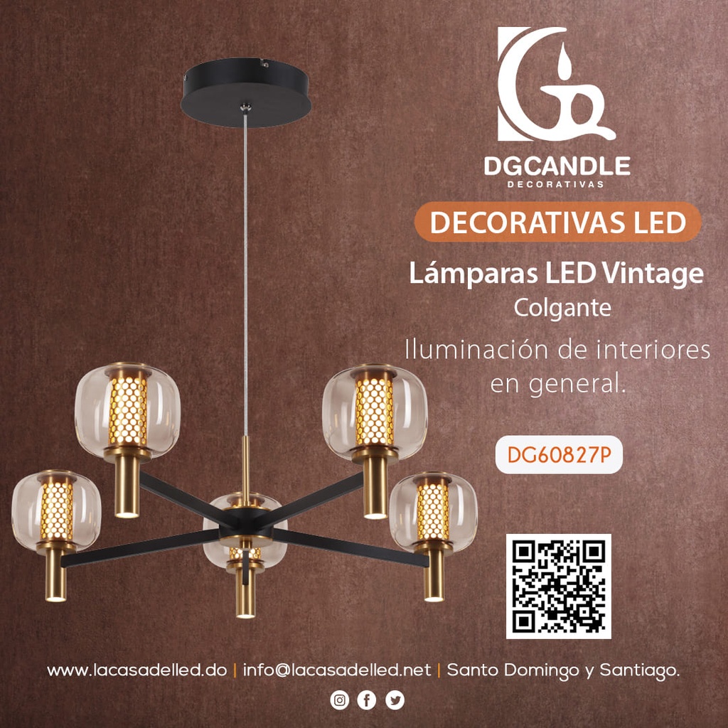 Lampara LED Decorativa Colgante, DG60827P, 34W, NW 4000K, 85-265Vac, Dimensiones: 600x600x1500mm, IP20, Negra con dorado