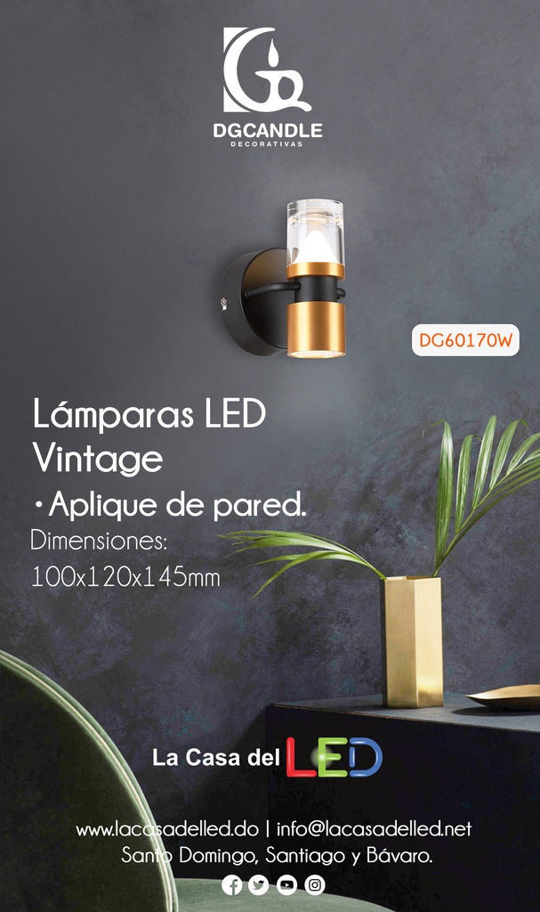 Lampara LED Decorativa de Pared (Aplique), DG60170W, 7W, NW 4000K, 85-265Vac, Dimensiones: 100x120x145mm, IP20, Negro con dorado