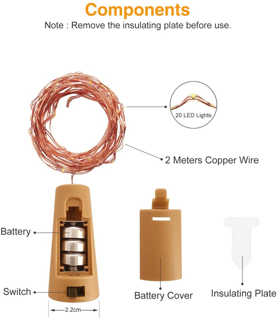 Tira de Luces LED de Cobre con Corcho con Bateria, 0.3W, 2700K, 20LED/2Metros