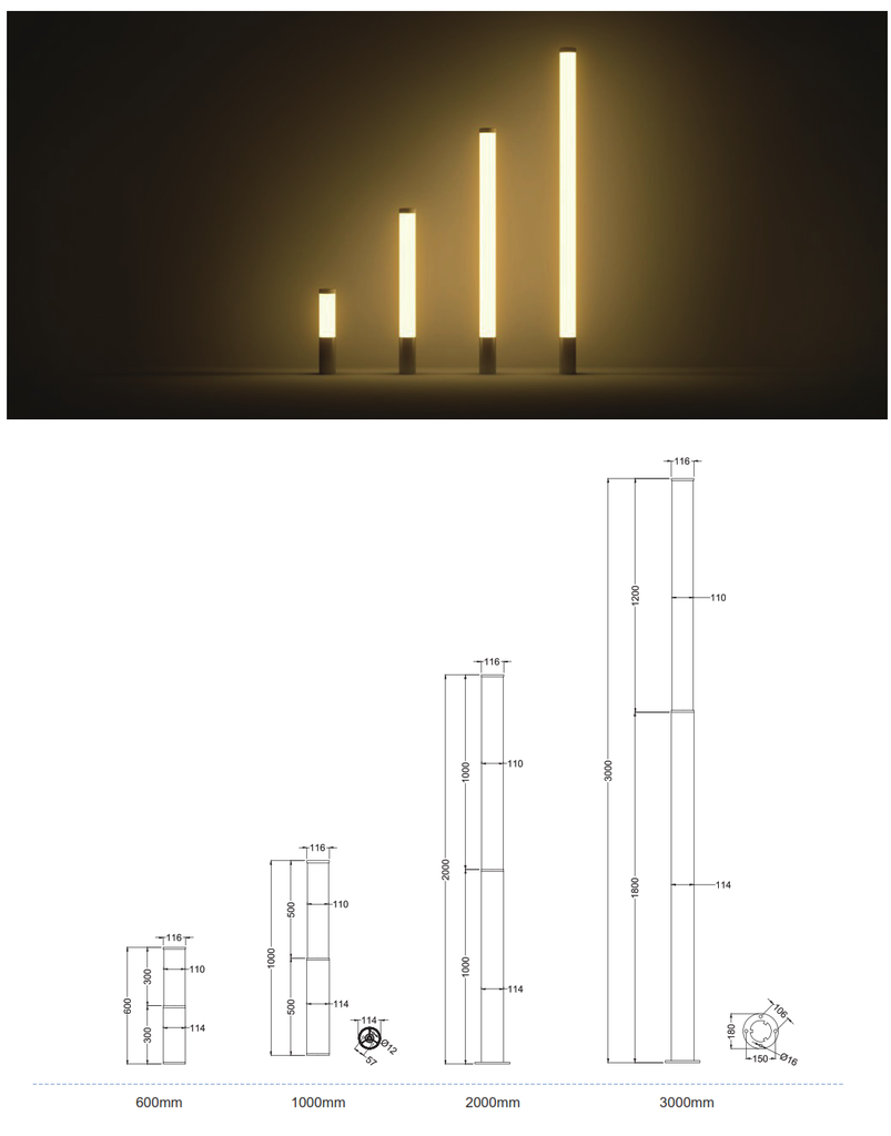 Lámpara LED, 75W, WW 3000K, 100-277Vac, 10KV, Con difusor Frost, Diámetro: 110mm, Altura: 3 metros, Gris Oscuro