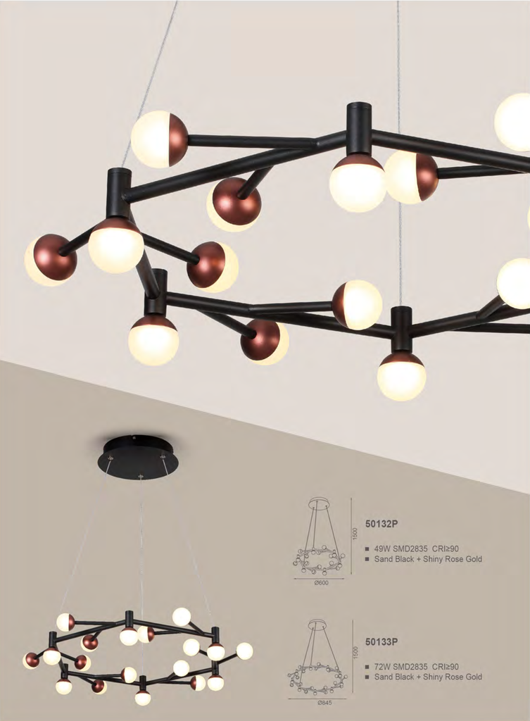 Lámpara LED Decorativa Colgante, DG50132P, 49W, NW 4000K, 85-265Vac, Dimensiones: Φ600x1500mm, IP20, Negro con Rose Gold