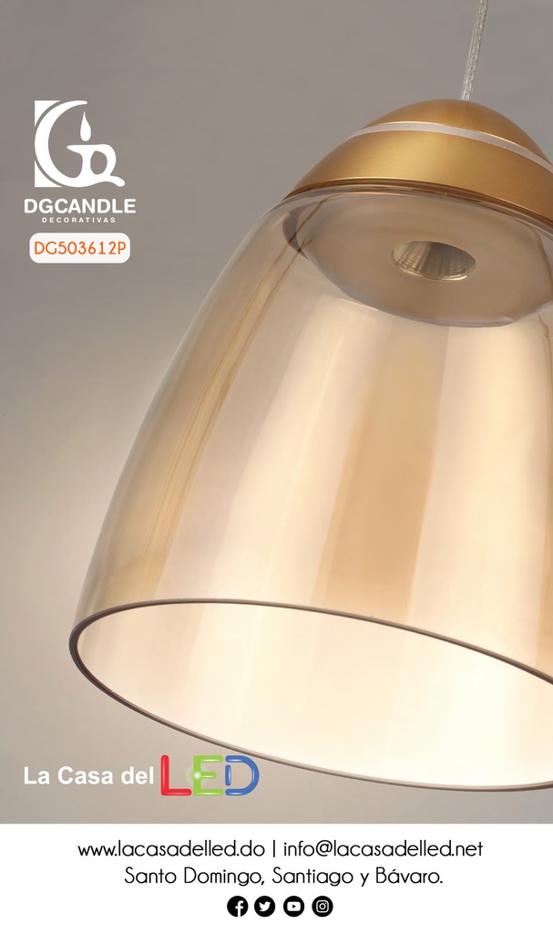 Lámpara LED Decorativa Colgante, DG50361P, 8W, NW 4000K, 85-265Vac, Dimensiones: 132x132x1500mm, IP20, Dorado con Negro