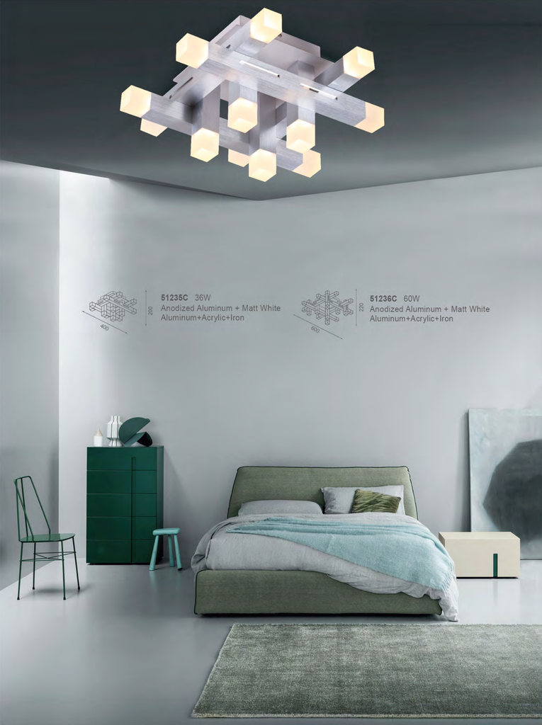 Lampara LED Decorativa de Superficie, DG51235C, 36W, NW 4000K, 85-265Vac, Dimensiones: 400x400x200mm, IP20, Plateado