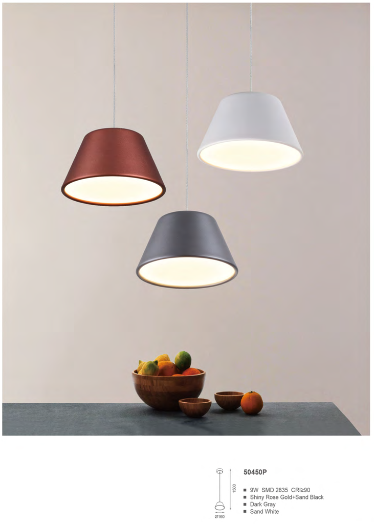 Lámpara LED Decorativa Colgante, DG50450P, 9W, NW 4000K, 85-265Vac, Dimensiones: 160x160x1500mm, IP20, Gris Oscuro