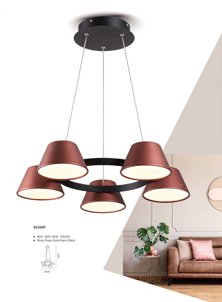 Lámpara LED Decorativa Colgante, DG50486P, 45W, NW 4000K, 85-265Vac, Dimensiones: 600x600x1500mm, IP20, Negro con Rose Gold