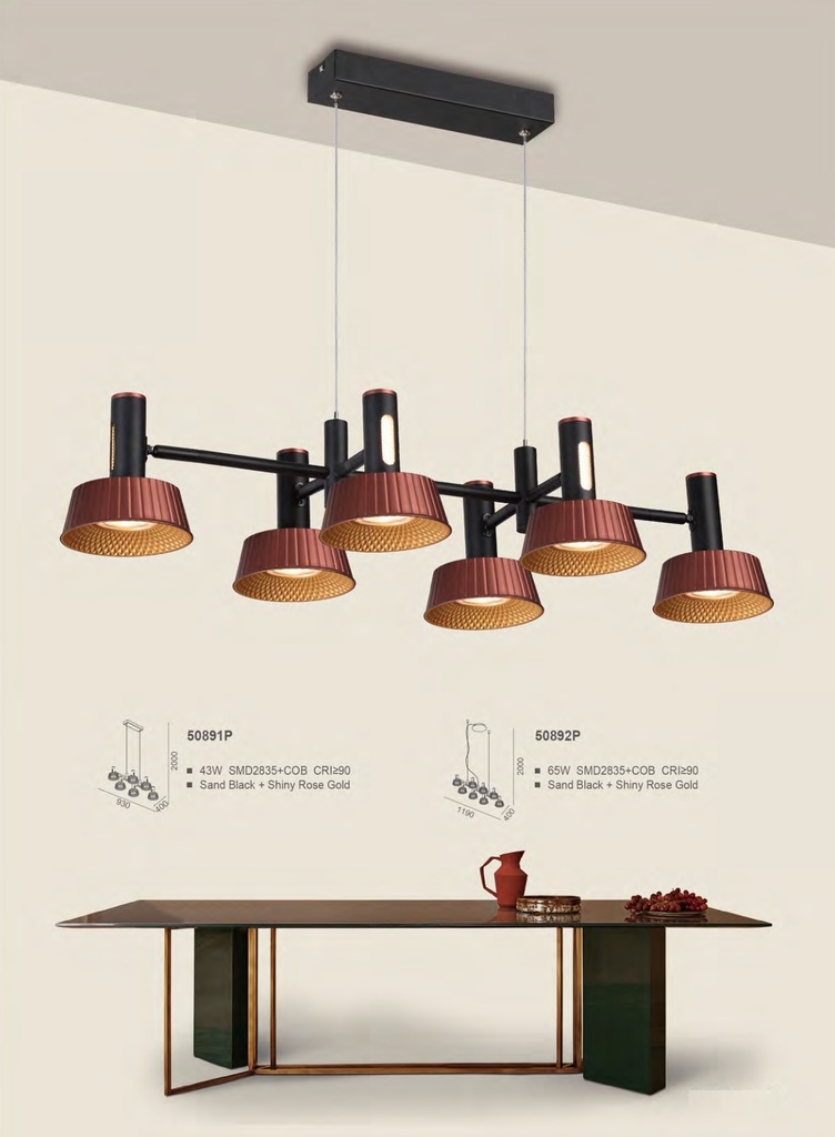 Lámpara LED Decorativa Colgante, DG50892P, 65W, NW 4000K, 85-265Vac, Dimensiones: 1190x400x2000mm, IP20, Negro con Rose Gold