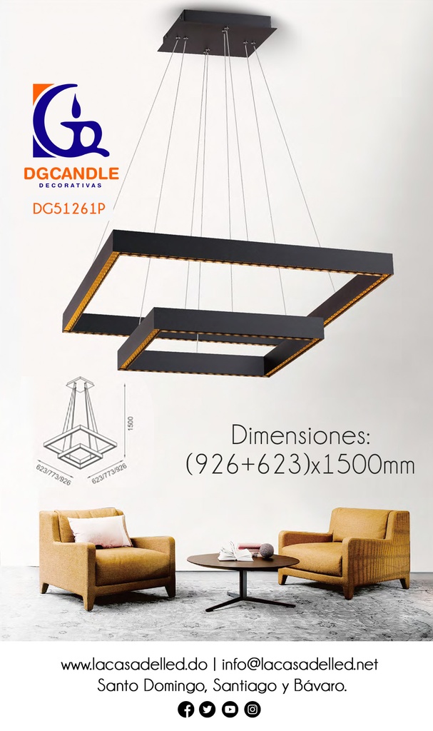 Lámpara LED Decorativa Colgante, DG51261P, 144W, NW 4000K, 85-265Vac, Dimensiones: (926+623)x1500mm, IP20, Negro