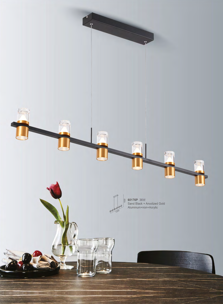 Lámpara LED Decorativa Colgante, DG60176P, 36W, NW 4000K, 85-265Vac, Dimensiones: 1200x80x1500mm, IP20, Negro con Dorado