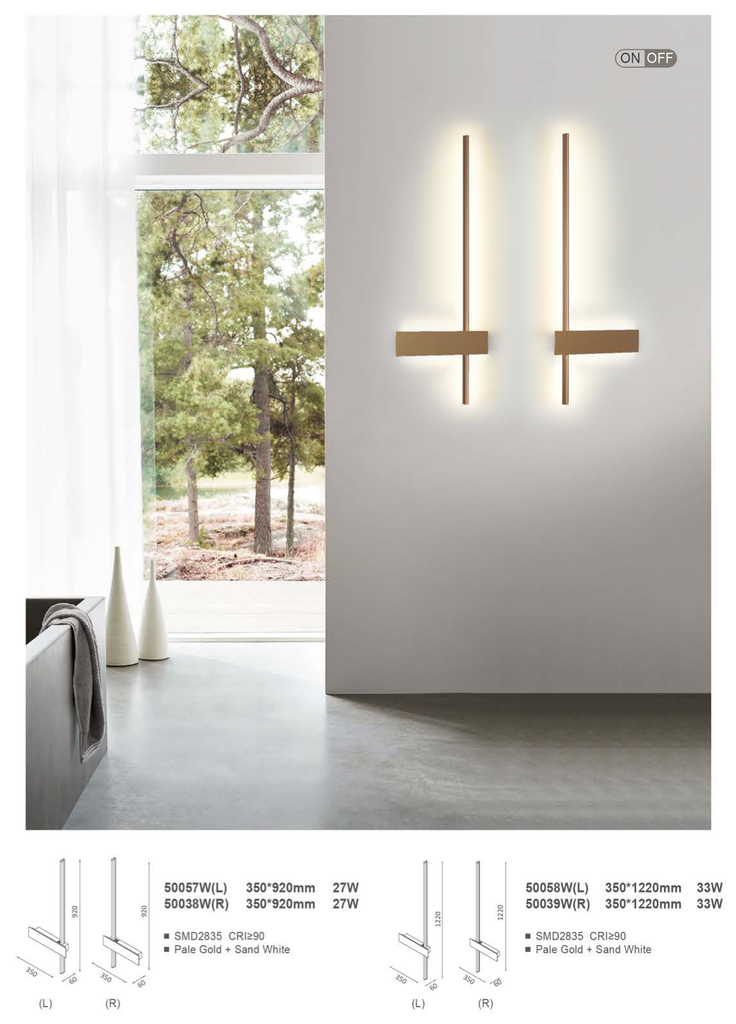 Lámpara LED Decorativa de Pared (Aplique), DG50057W, 27W, NW 4000K, 85-265Vac, con 2pcs de Switch ON-OFF, Dimensiones: 350x60x920mm, IP20, Pale Gold con Blanco