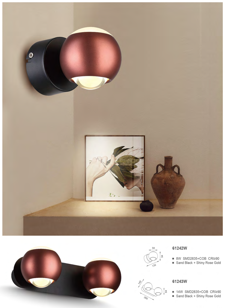 Lámpara LED Decorativa de Pared (Aplique), DG61242W, 8W, NW 4000K, 85-265Vac, Dimensiones: 140x94x94mm, IP20, Negro con Rose Gold