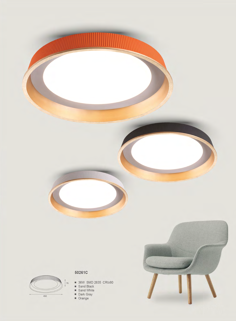 Lámpara LED Decorativa de Superficie, DG50261C, 36W, NW 4000K, 85-265Vac, Dimensiones: Φ450x78mm, IP20, Gris Oscuro con Dorado