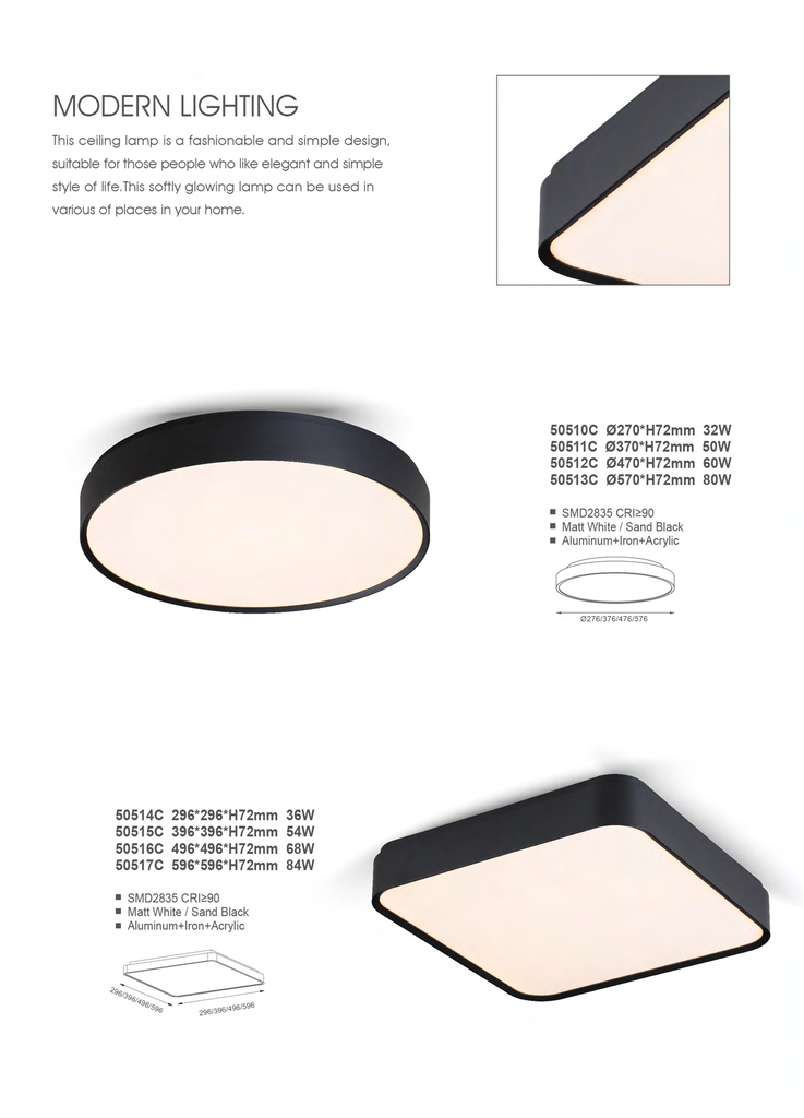 Lámpara LED Decorativa de Superficie, DG50510C, 32W, NW 4000K, 85-265Vac, Dimensiones: 270x270x72mm, IP20, Negro